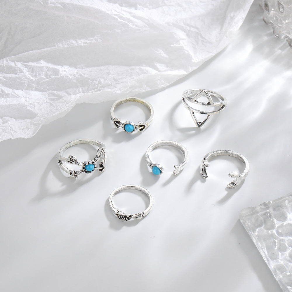 Retro Turquoise Moon Arrow Triangle Hollow Open-end Rings