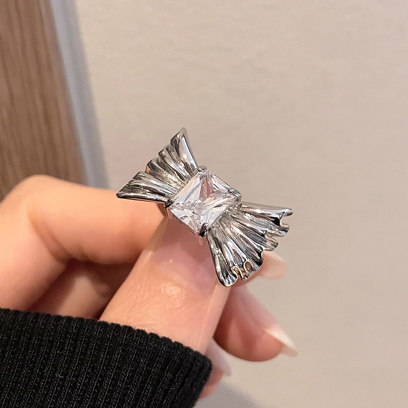 Bow Square Open-end Zircon Female Simple Personality Rings