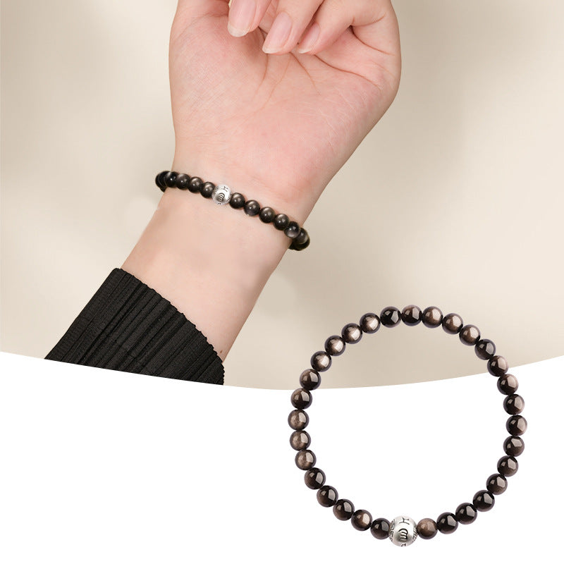 Men's Natural Obsidian Female Sier Sterling Mantra Buddha Beads Bracelets