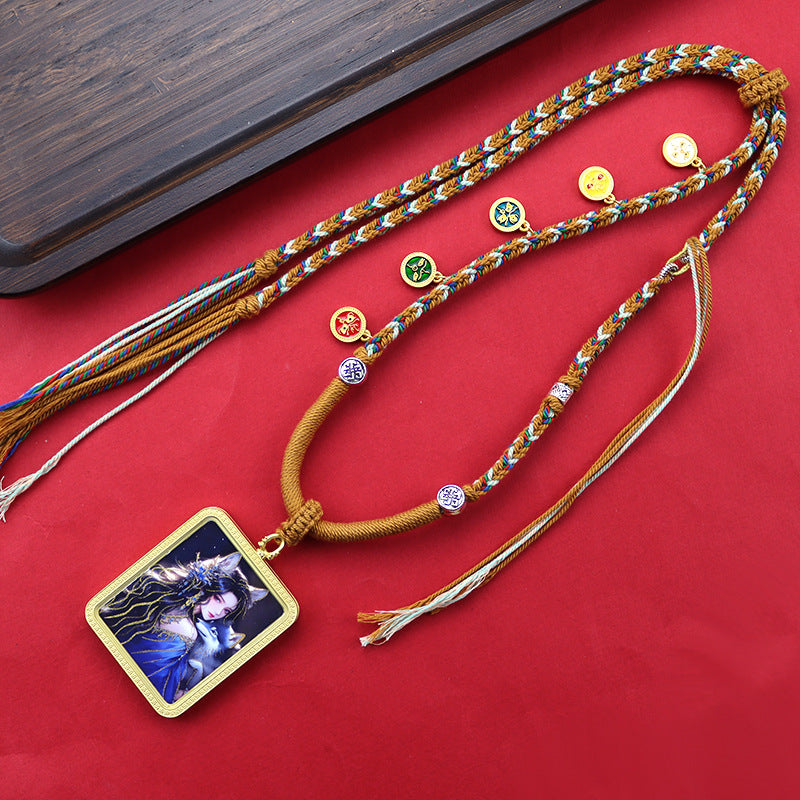 Tibetan Hand Painted Golden Outline Eight Patron Saints Double-sided Necklaces