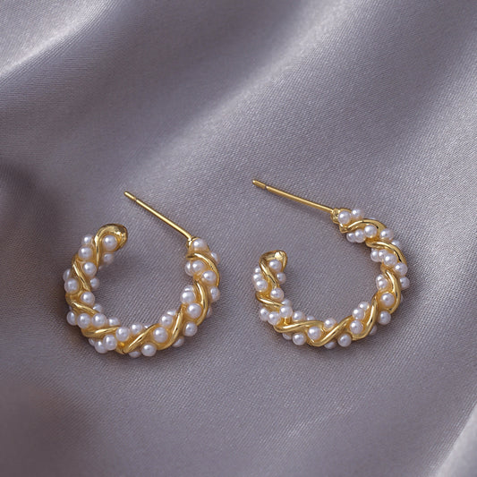 Women's Woven Pearl Sier Needle Everyday Joker Stud Earrings