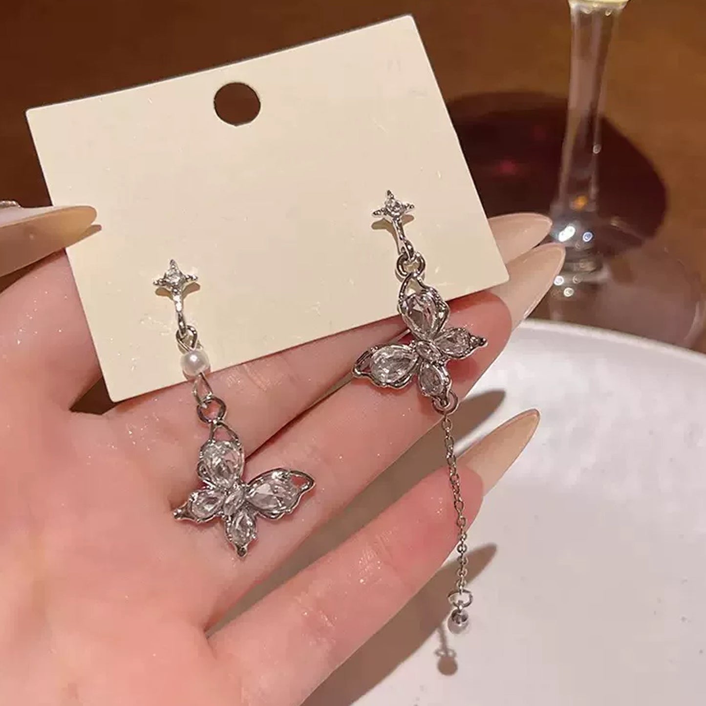 Butterfly Zircon Pearl Tassel Female Asymmetric Stud Earrings