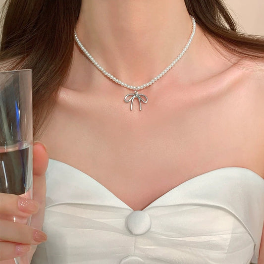 Elegant Graceful Dopamine Crystal String Beads Bow Versatile Necklaces