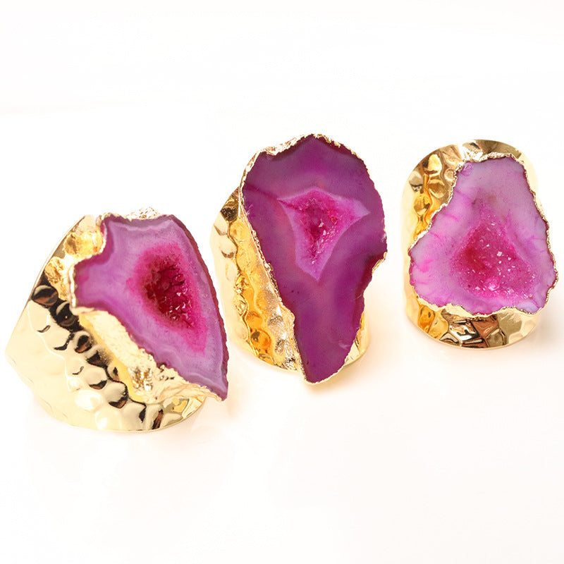 Agate Crystal Hole Rough Stone Electroplated Rings