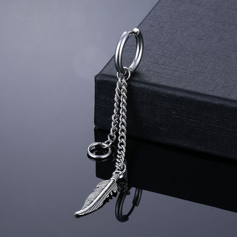 Men's Titanium Steel Tassel Feather Chain Stainless Ear Earrings