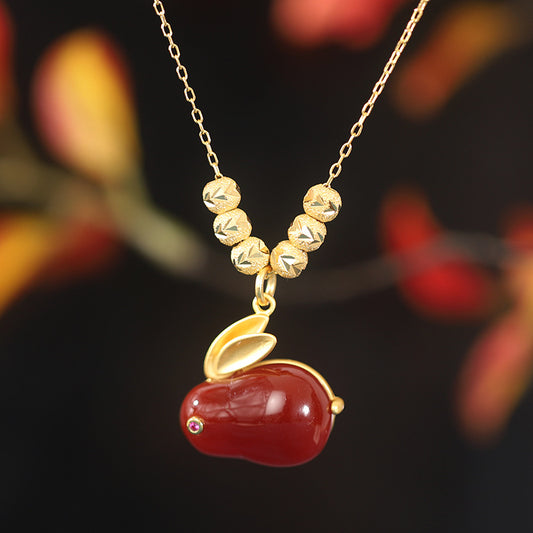 Red Agate Rabbit Sier Plated Cute Necklaces