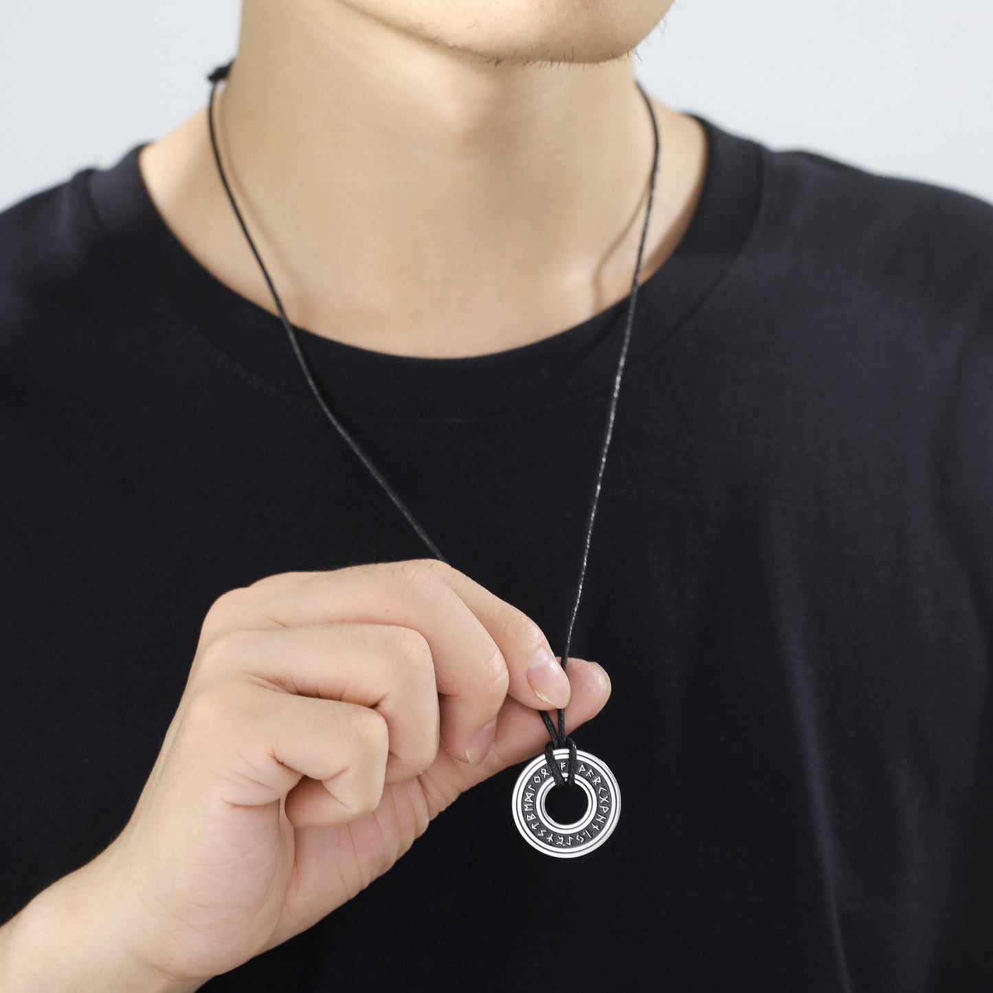 Retro Titanium Steel Cut Blackened Stainless Runic Letter Hollow Leather Necklaces