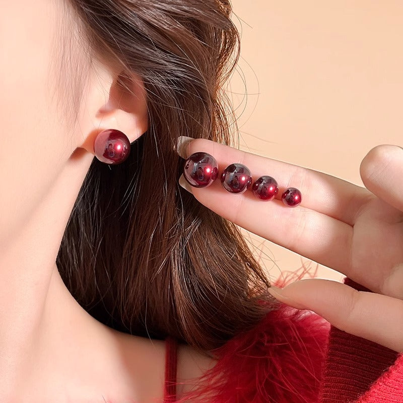 Women's Cherry Red Pearl Ear Niche Style Earrings