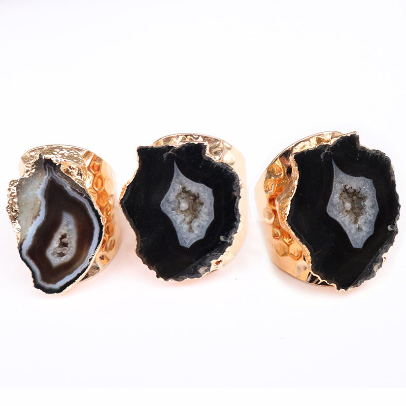 Agate Crystal Hole Rough Stone Electroplated Rings