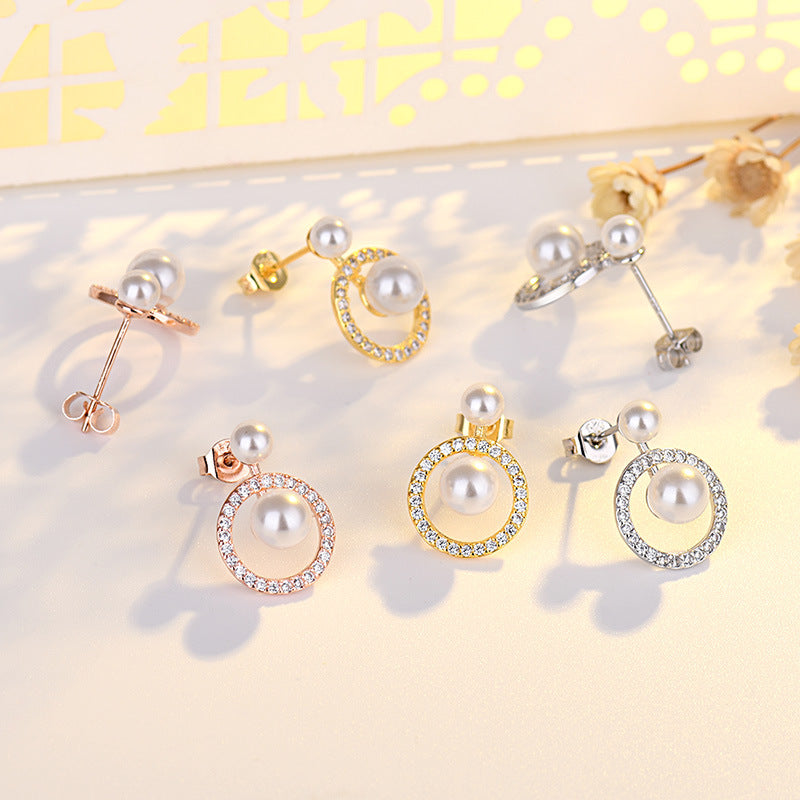 Round Trendy Full Diamond Pearl Simple Stud Earrings
