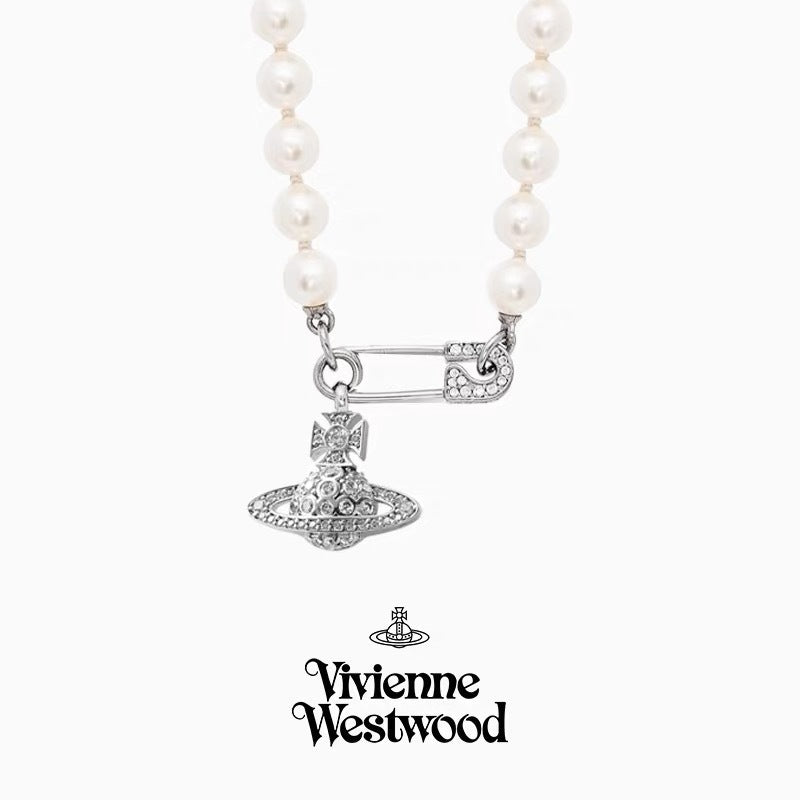 Women's Sterling Sier Classic Saturn Pearl Pin Necklaces