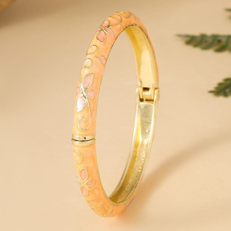 Sweet Cloisonne Spring Open-ended Vintage Round Clover Oil Dripping Bracelet