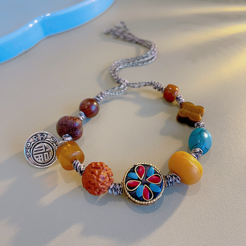 Women's & Men's Retro Ethnic Style Agate Ox Bone Rosary Bracelet
