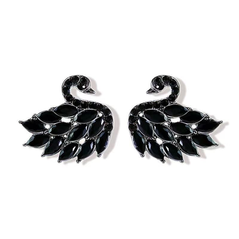 Black White Zircon Swan Female Personality Temperament Sier Needle French Stud Earrings