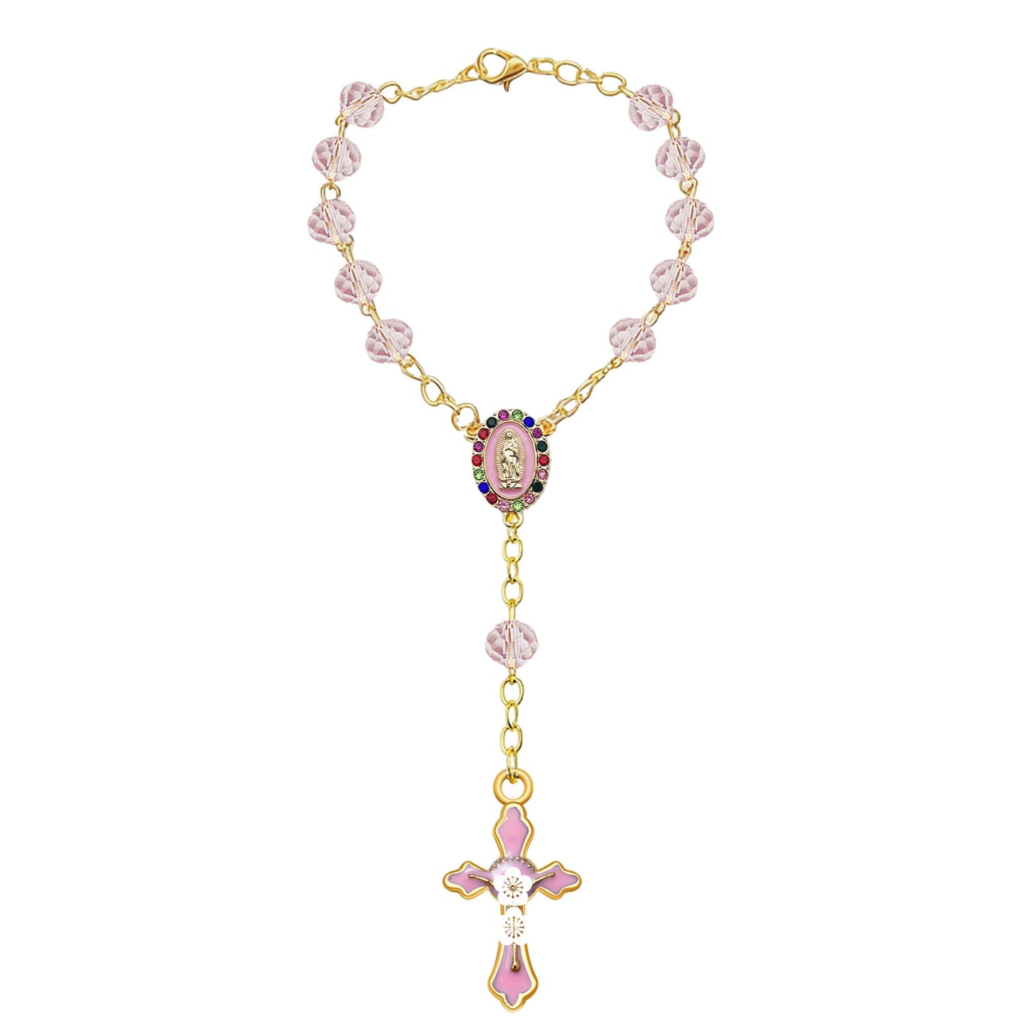 Women's & Men's Pink Crystal Diamond Triangle Cross Baptism Bracelet