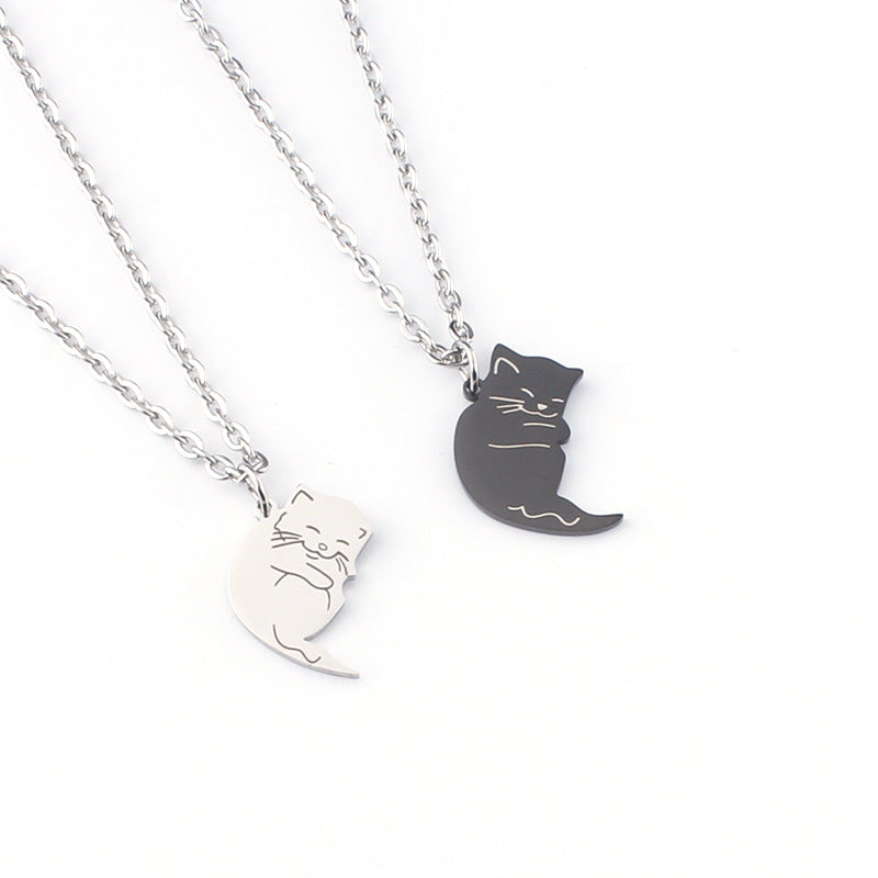 Men's White Cat Stainless Steel Cute Couple Necklaces