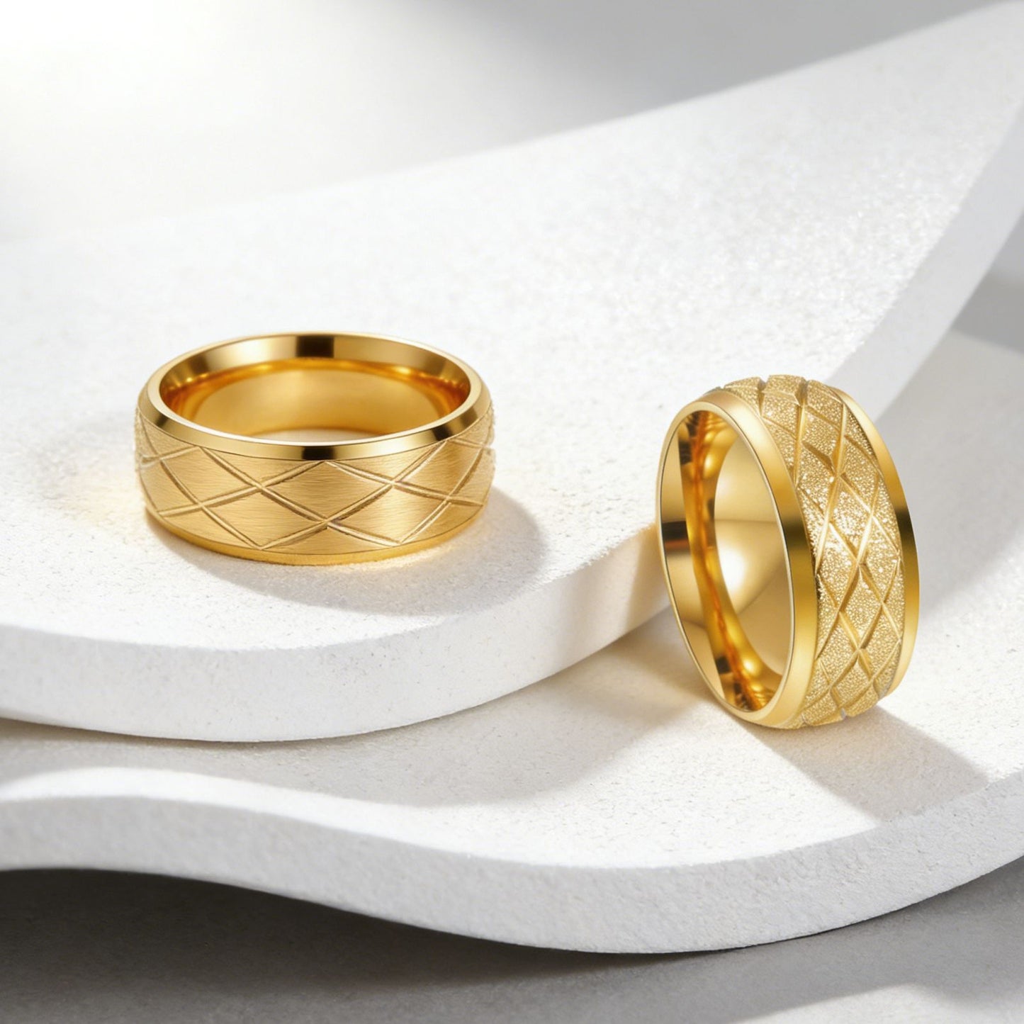 Diamond Plaid Line Frosted Couple Titanium Rings