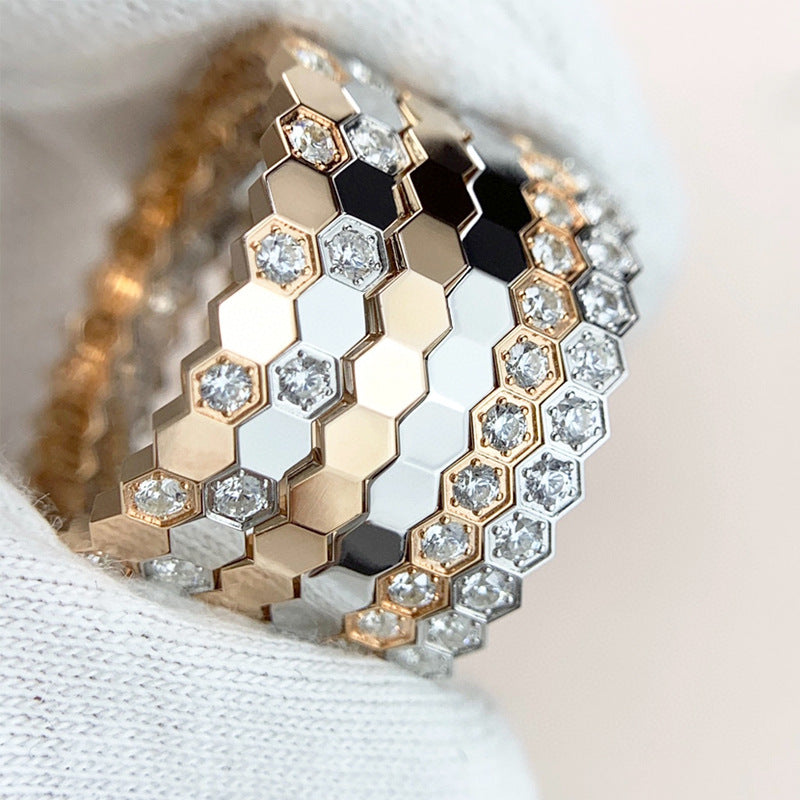 Gold-plated Honeycomb Full Diamond Carved Hexagonal Rings