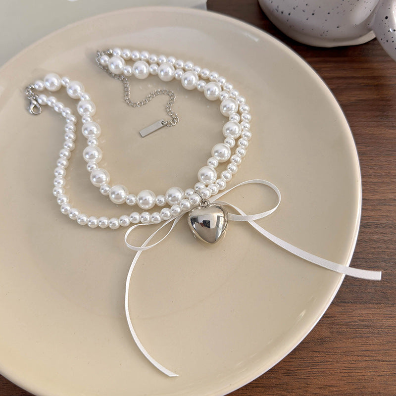 Luxury Minority Pearl Metal Heart Bowknot Ribbon Necklaces