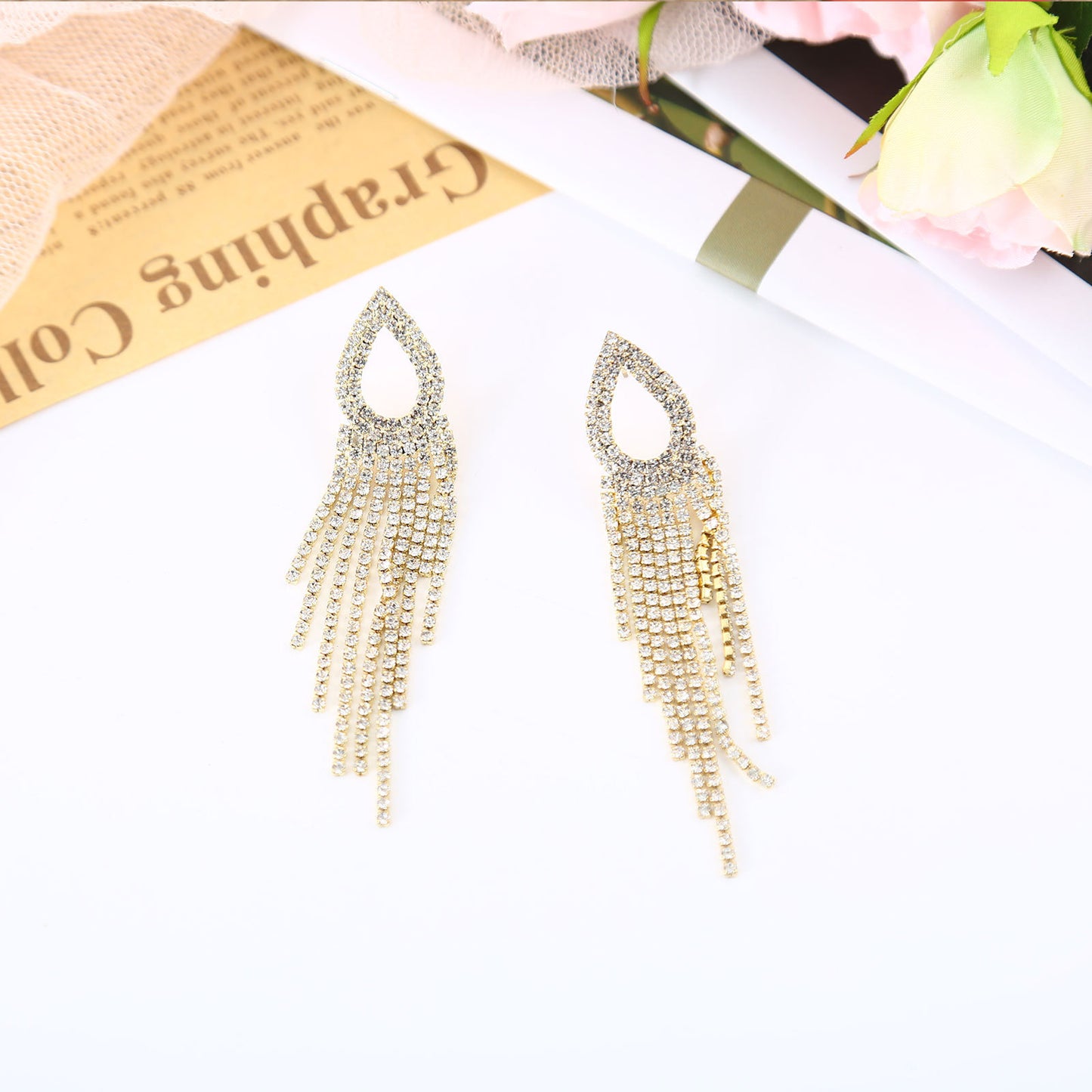 Women's Needle Water Drop Diamond Long Fringe Fashion Design Earrings