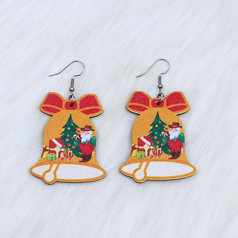 Snowman Bell Santa Claus Simple Wooden Earrings