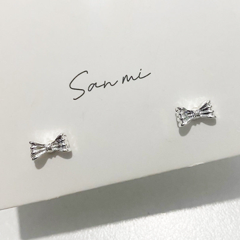 Fresh Plain Sier Plated Bow Female Small Simple Stud Earrings