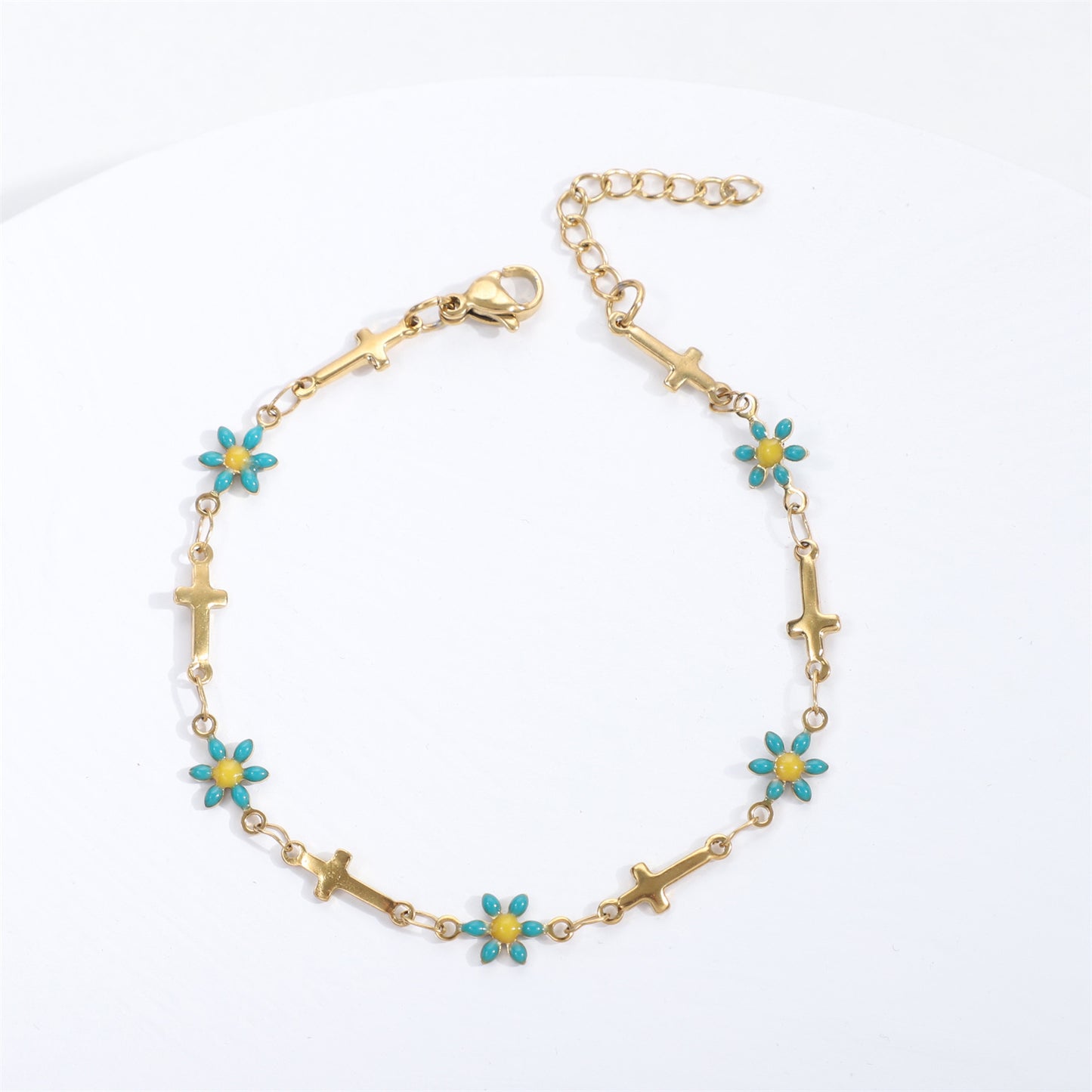 Gold Gaanized Enamel Colorful Oil Cross Chrysanthemum Unique Fashion Stainless Bracelet