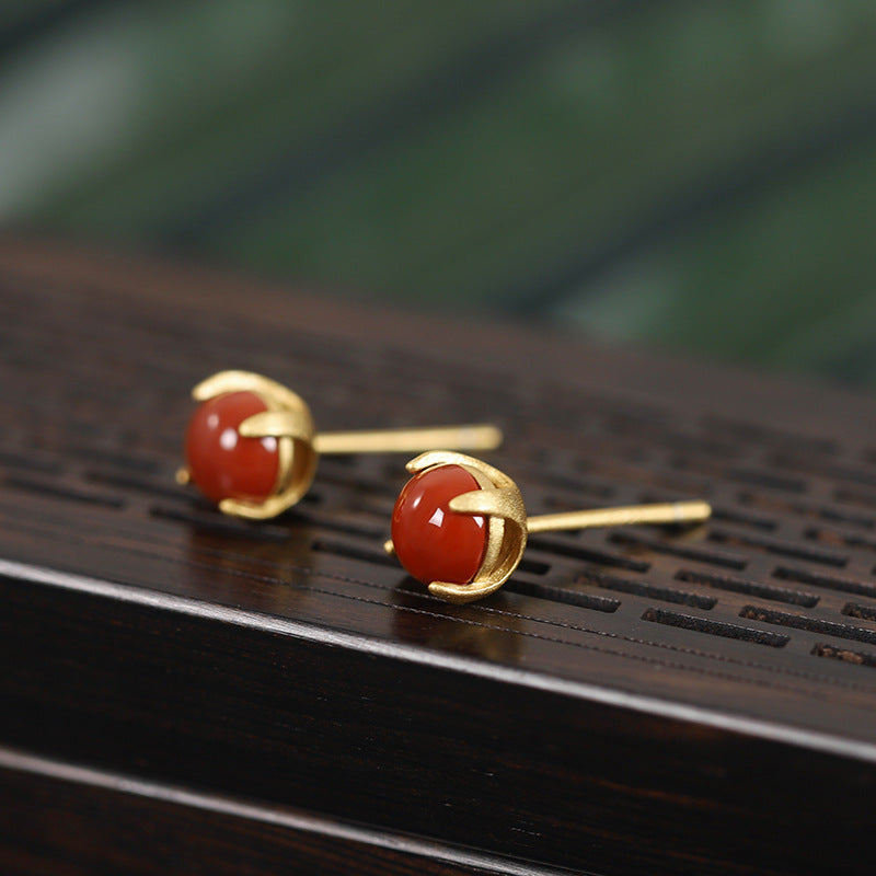 Women's Gold-plated Gem Southern Red Agate Simple Chinese Earrings