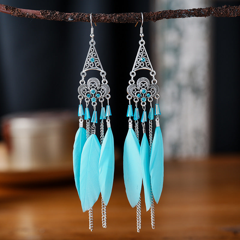 Mid-length Pagoda Crystal Feather Retro Long Upper Lower Stitching Earrings