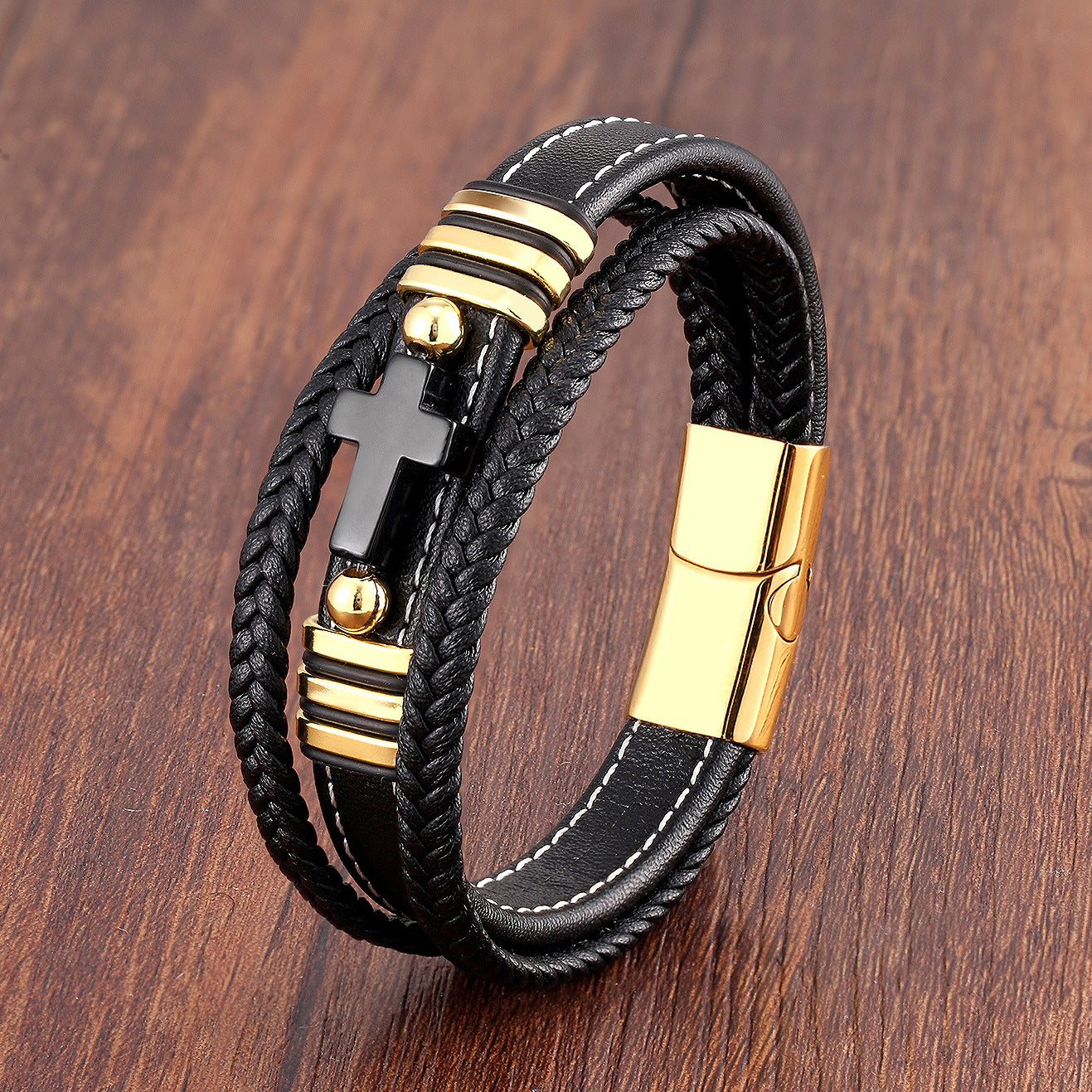 Men's Woven Leather Vintage Stone Cross Stainless Steel Bracelet