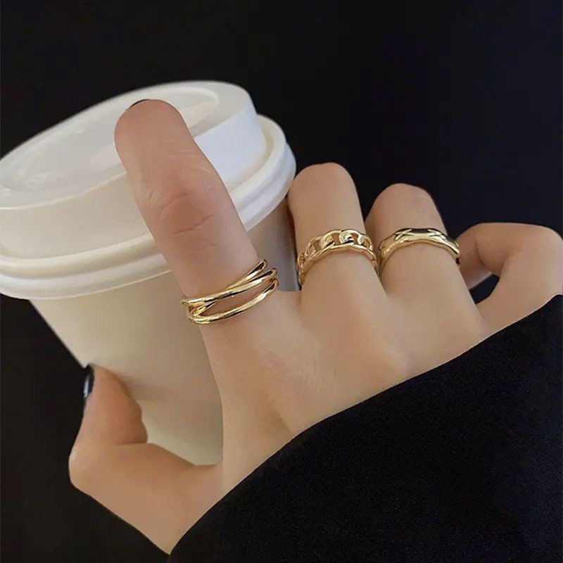 Gold Geometric Three-piece Female Versatile Chain Everyday Style Ring