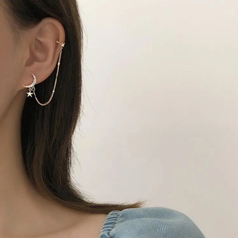 Sier Pin Eardrops Wind Star Moon Zircon Earrings