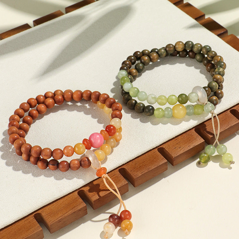 Chinese Style Agate Gold Sandalwood Beaded Double Bracelets