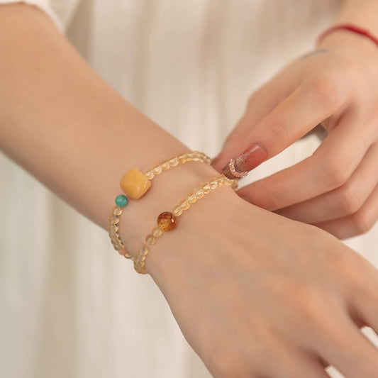 Women's & Men's Citrine Double Bodhi Beaded Crystal Couple Bracelets