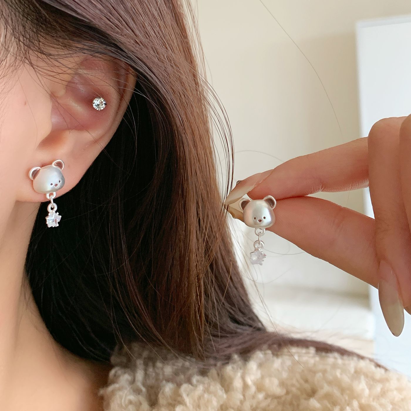 Sier Coffee Bear Ear Female Needle Fun Stud Earrings
