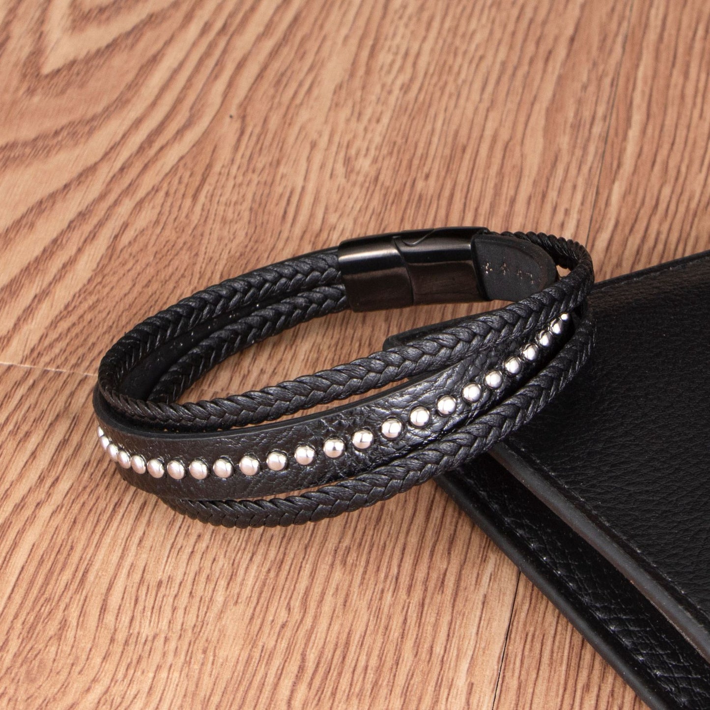 Men's Woven Leather Unique Punk Style Rivet Bracelet