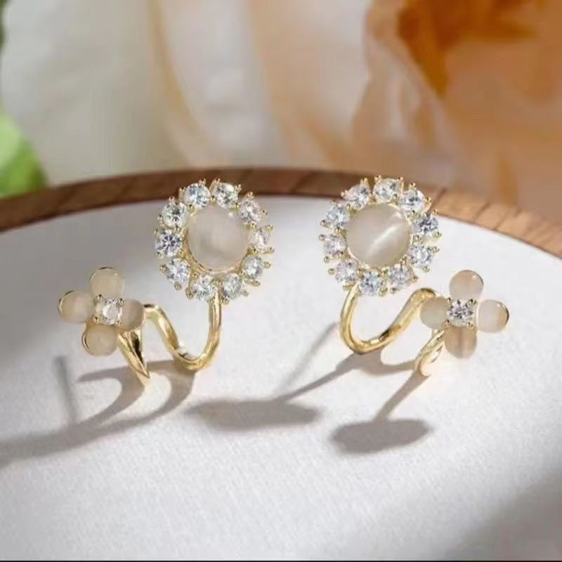 Opal Flower Sier Needle Sun Ear Stud Earrings