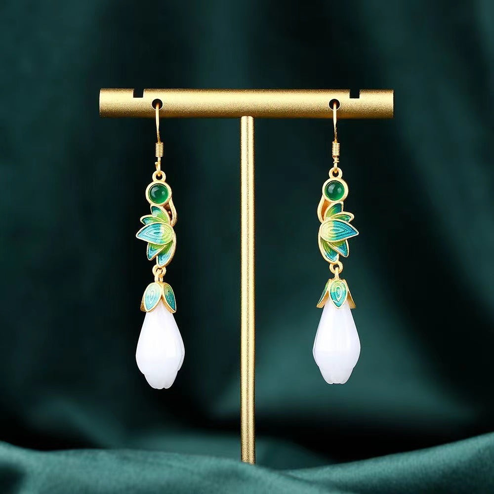 Imitation Jade Epoxy Magnolia National Style Earrings