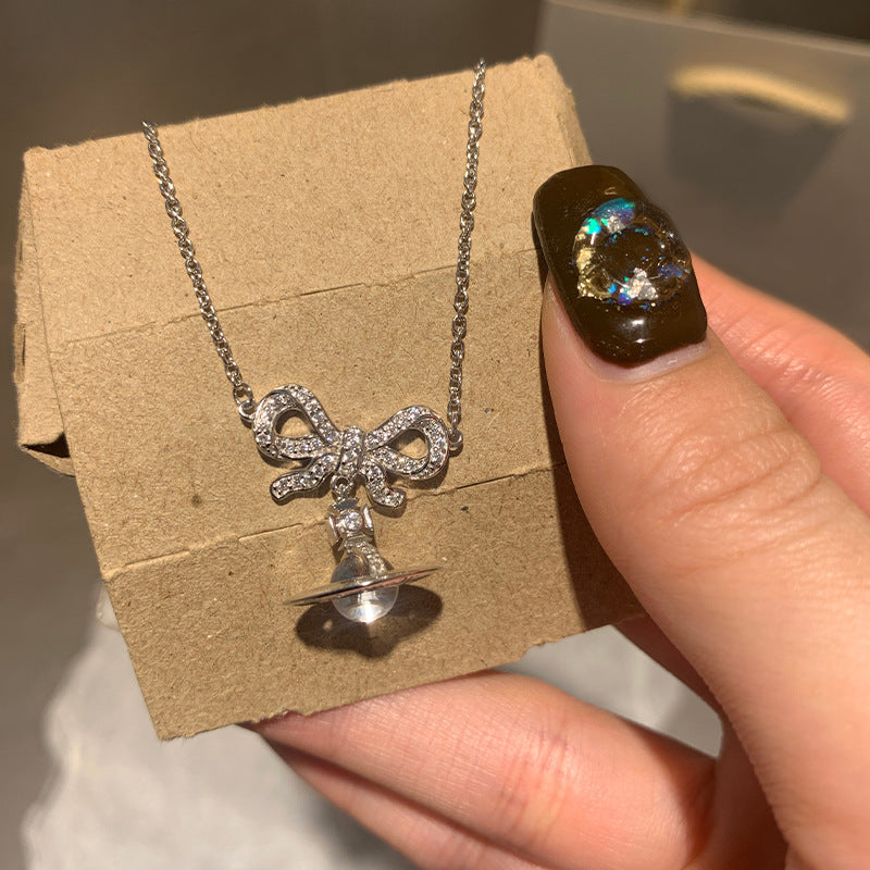 Glacier Blue Bowknot Planet Sier Girlish Style Necklaces