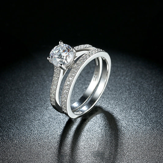 Women's Sterling Sier Personalized Straight-line Inlaid Stone Double Ring