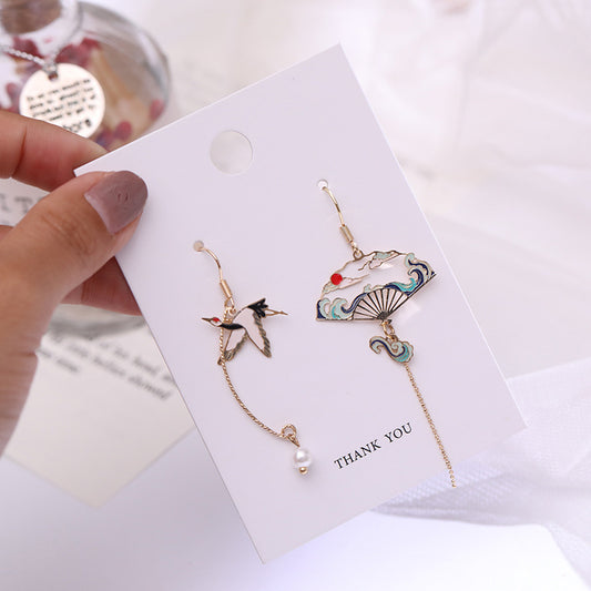 Fan Asymmetric Long Tassel Imitation Pearl Painting Earrings