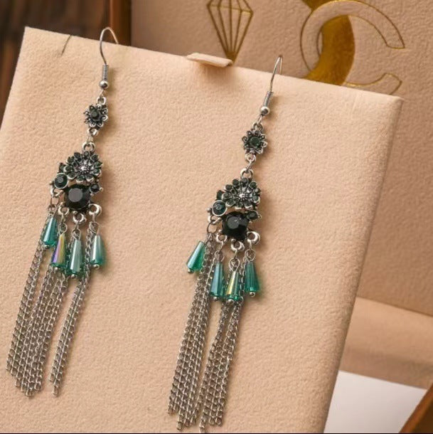 Chinese Style Long Crystal Chain Pattern Earrings