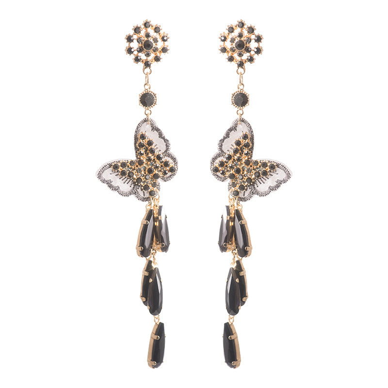 Black Butterfly Long Tassel Crystal Temperament Earrings