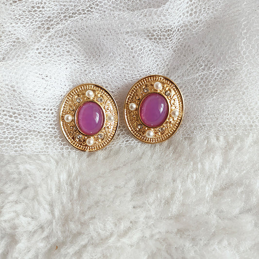 Court Antique Oval Diamond White Purple Pearls Gem Sier Earrings