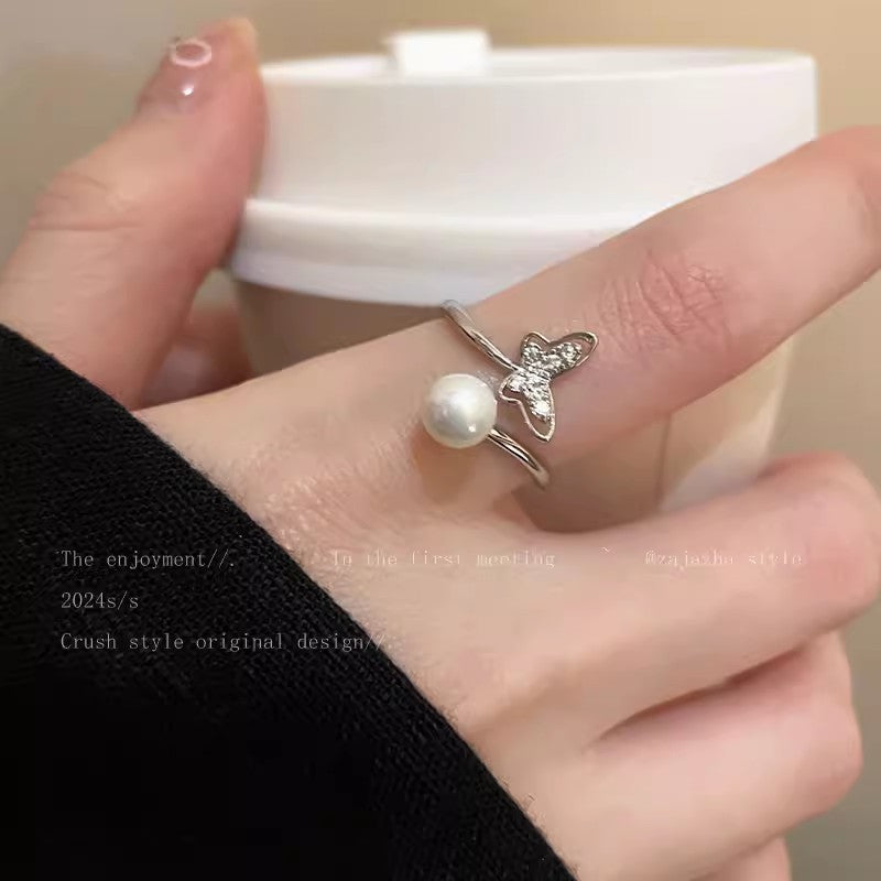 Women's Open High-grade Light Luxury Pearl Forefinger Niche Design Rings