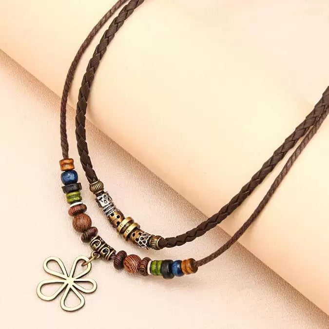 Vintage Ethnic Style Wooden Bead Beaded Flower Bronze Sweater Pendants