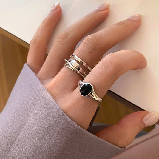 Oval Black Zircon Female Retro Fashion Geometry Pattern Irregular Rings