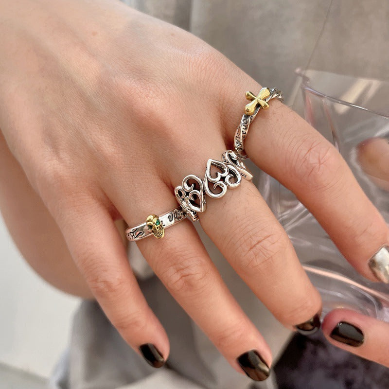Distressed Design Open Iti Cross Love Heart-shaped Female Style Rings