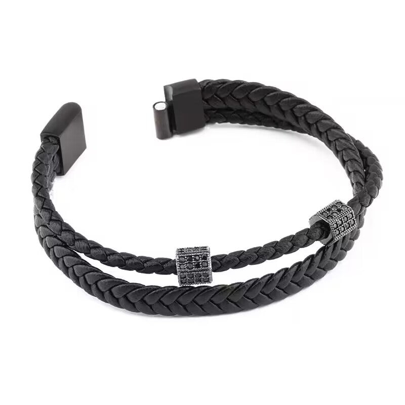 Women's & Men's Titanium Steel Leather Strap Handmade Woven Stainless Retro Bracelets