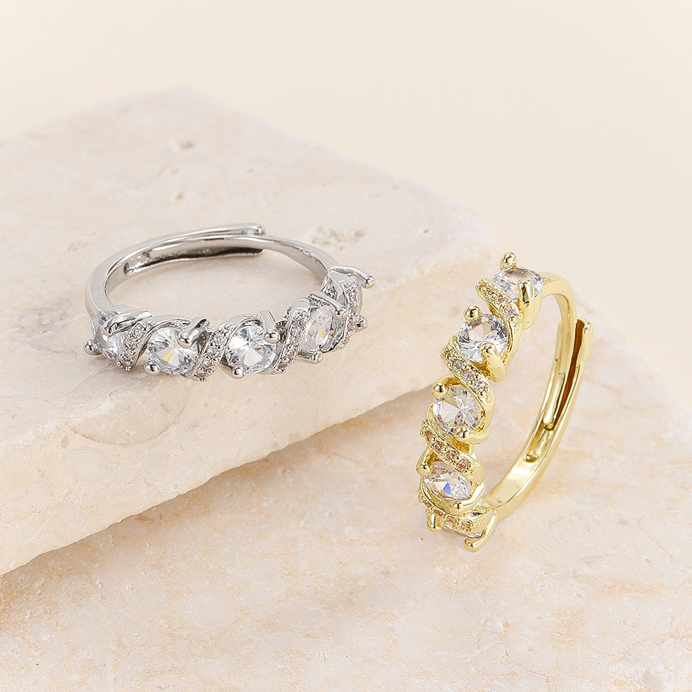 Line Full Rhinestone Zircon Stackable Simulation Moissanite Open Light Luxury Ring